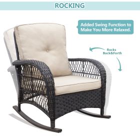 Outdoor Wicker Rocking Chair; Patio Rattan Rocker Chair with Soft Cushions and Steel Frame; Khaki