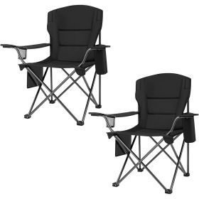 Oversized Heavy Duty Camping Chairs 2 Pack;  Padded Compact Folding Portable Chair with Cooler Cup Holder Side Pocket for Outdoor Sports Lawn Backyard (Color: Black)