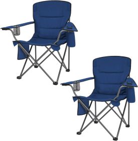 Oversized Heavy Duty Camping Chairs 2 Pack;  Padded Compact Folding Portable Chair with Cooler Cup Holder Side Pocket for Outdoor Sports Lawn Backyard (Color: Blue)