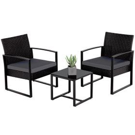 Set of 3 Wicker Chairs & Table Modern PE Rattan Chair Balcony/Patio/Bistro Furniture Conversation Sets Including a Coffee Table for House/Porch/Garden (Color: Black)