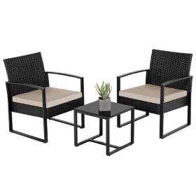 Set of 3 Wicker Chairs & Table Modern PE Rattan Chair Balcony/Patio/Bistro Furniture Conversation Sets Including a Coffee Table for House/Porch/Garden (Color: Black/Beige)